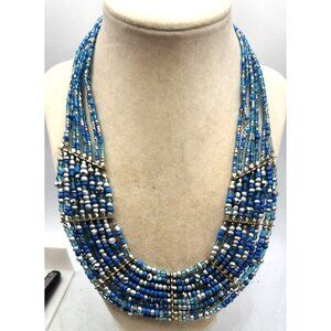 Multistrand Blue Beaded, White Collared Necklace, Adjustable